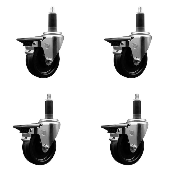 4'' Phenolic Swivel 1-1/8'' Expanding Stem Caster Set with Brake, 4PK